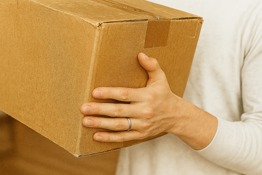 結婚指輪を着けて重たい荷物を運ぶイメージ